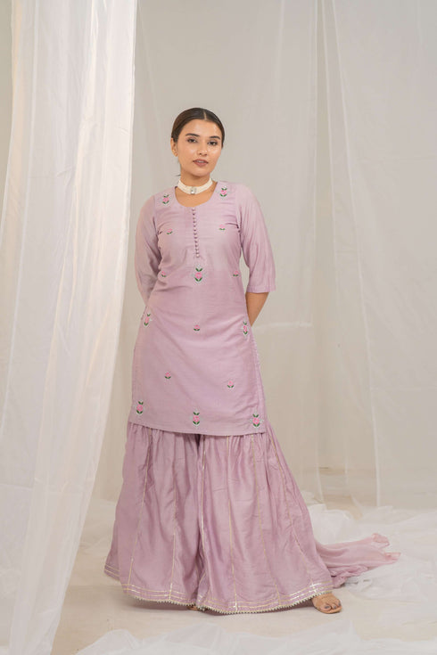 Kzari Chanderi Silk Kurta and Sharara Set with Elegant Embroidery and Chiffon Dupatta